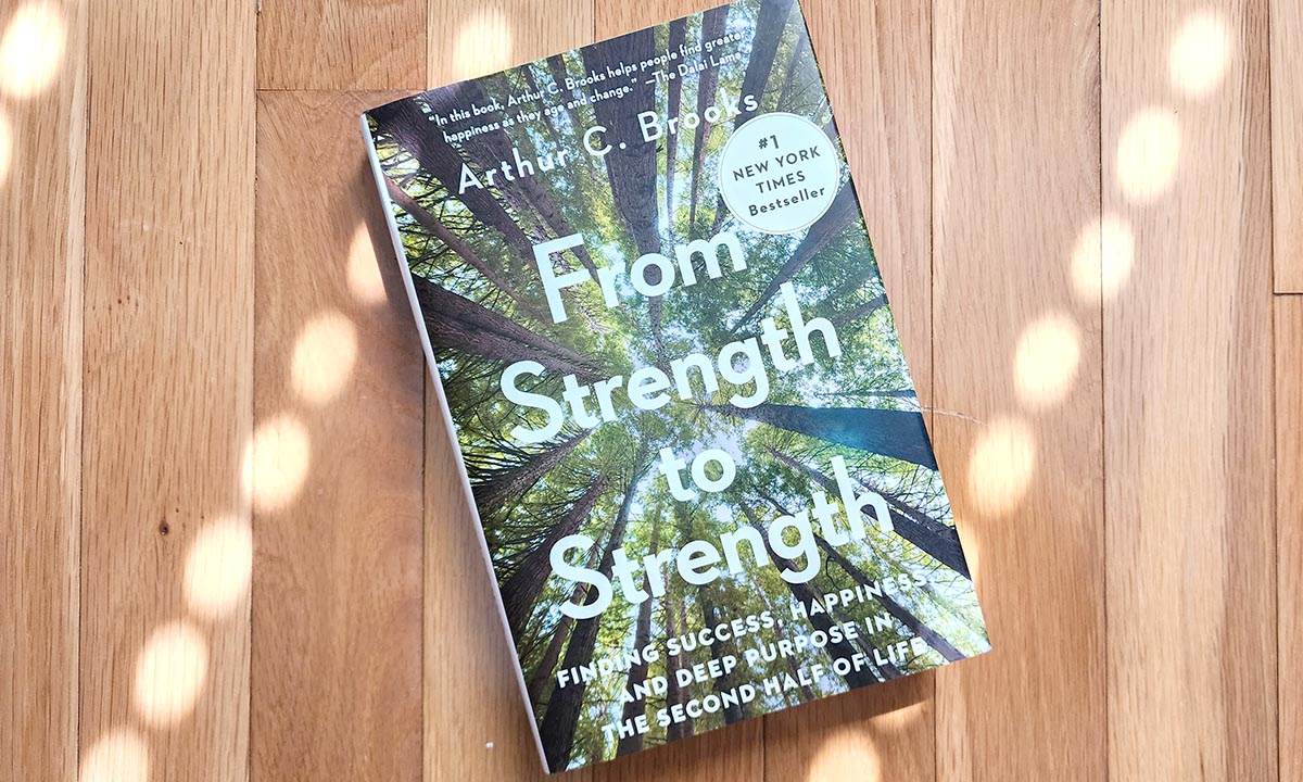 The book, "From Strength To Strength" on sun-dappled wood planks